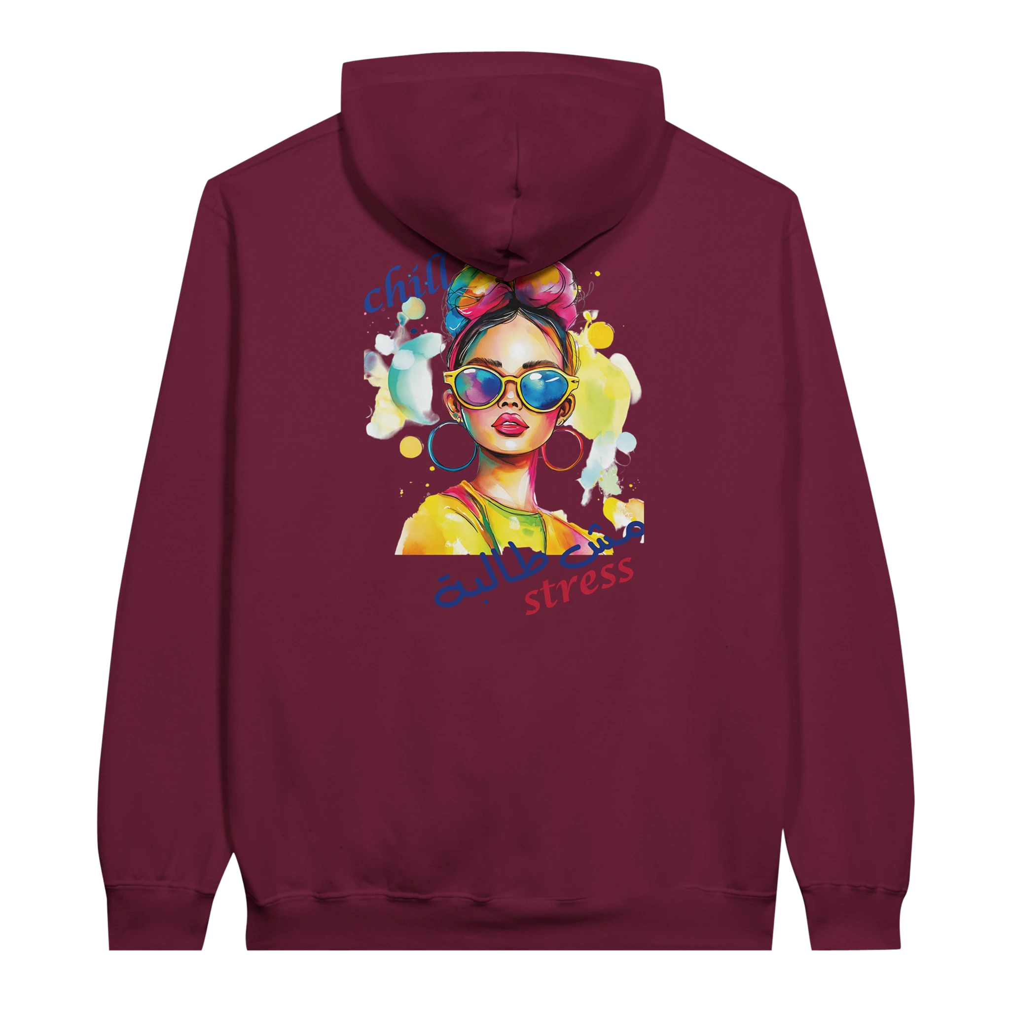 Vibrant 'Chill, No Stress' Pop Art Arabic Hoodie in Maroon, Arabic graphic design by Cairo NYC